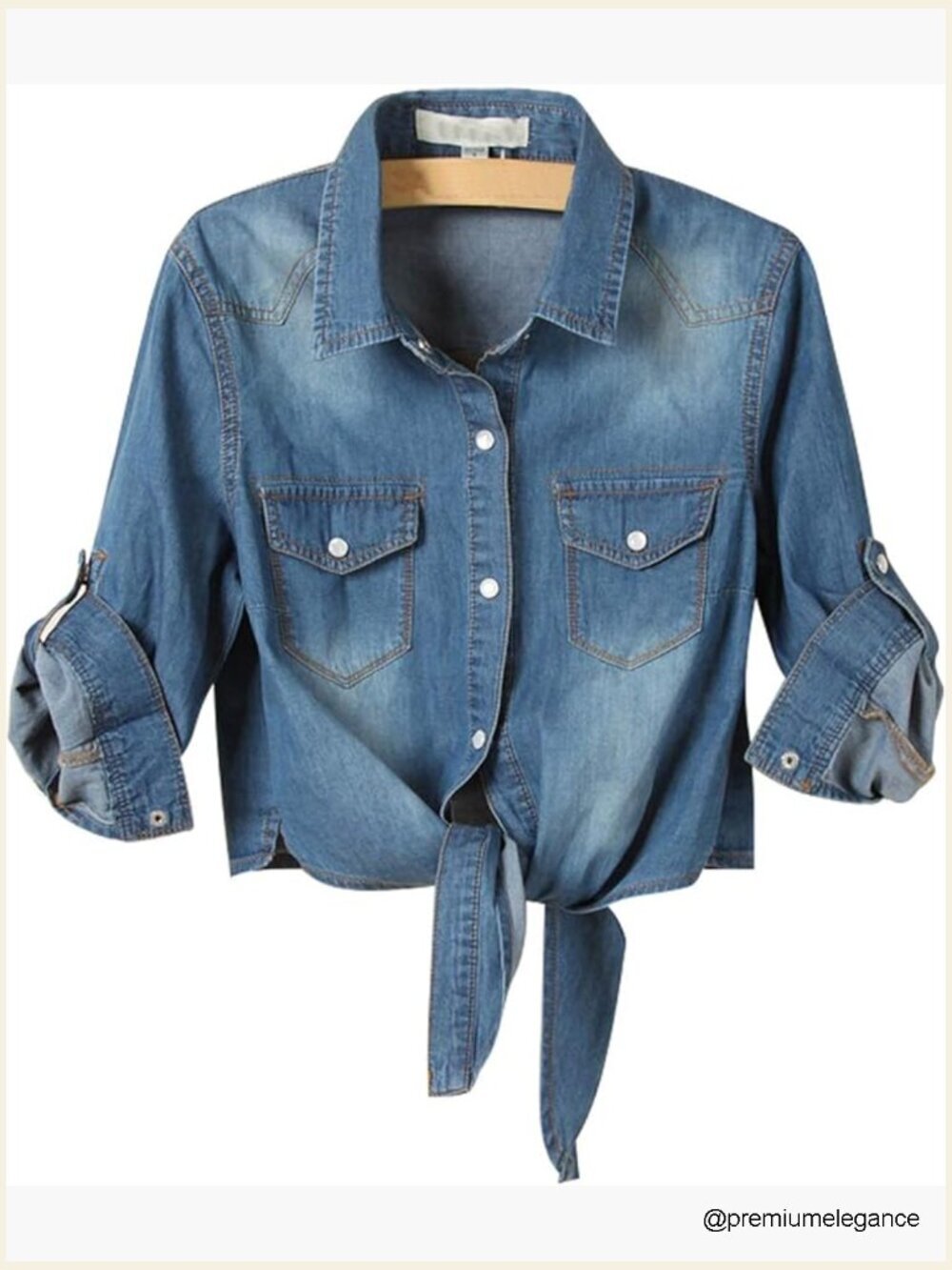 Roll Up 3/4 Sleeve Tie Front Knot Shirt Chambray Denim Crop Top